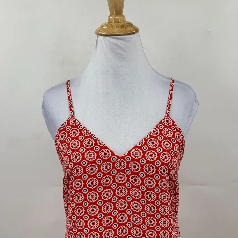 J Crew Ruffle Hem Dress Womens 0 Red Printed Spaghetti Drop Waist Knee Length